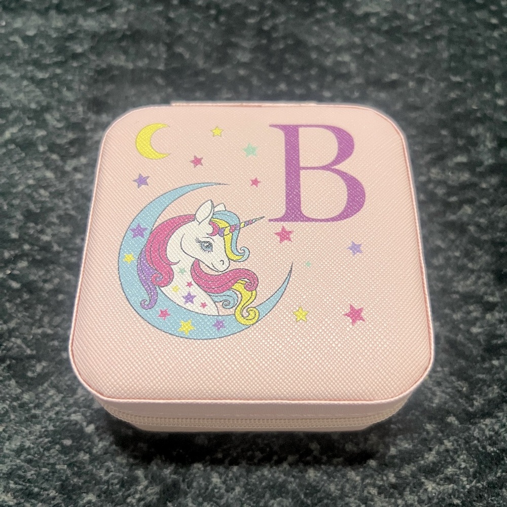 Girl’s Unicorn Travel Jewelry Case with Initial Letter B